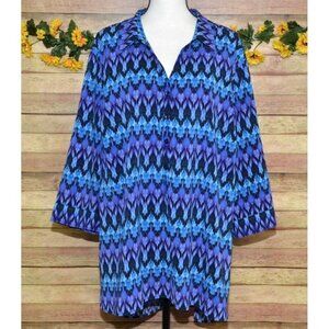 Catherines Plus 3X 26W 28W Half Button 3/4 Sleeve Blouse Top Purple Blue Print